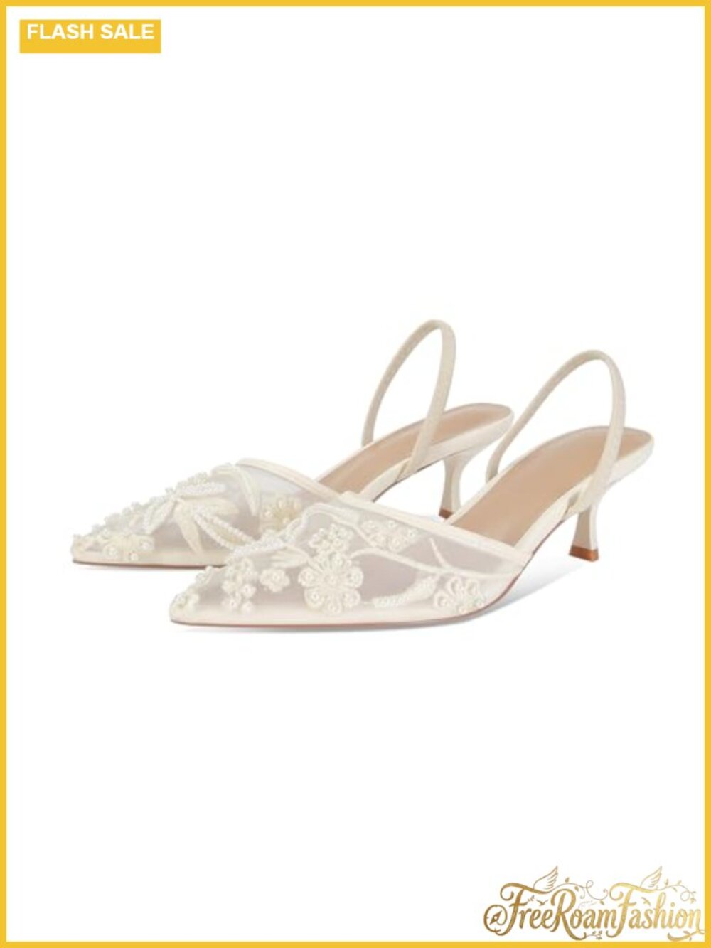 Embroidered Mesh Kitten Heel Slingback Wedding Sandals